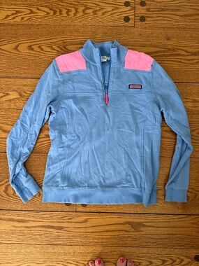 Vineyard Vines Light Blue Quarter-Zip Pullover with Pink Shoulder Accents